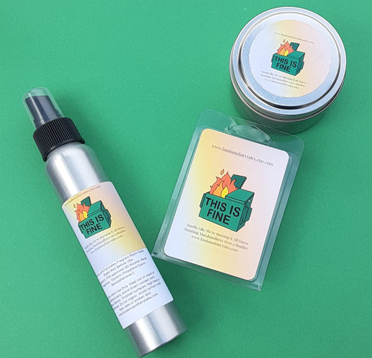 This is Fine Dumpster Fire Candle, Wax Melt or Room Spray Marshmallow Bonfire Scent